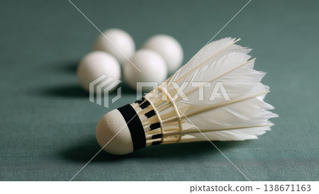 Badminton shuttlecock and table tennis balls showing sports equipment for competitive play, leisure activities, and game preparation on a green surface 138671163