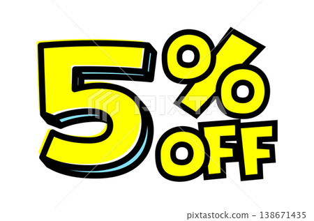 5% 折扣文字元素。流行風格的促銷標誌,採用粗黑輪廓和黃色文字。易於使用的透明背景素材。 5% 折扣文字元素。流行風格的促銷標誌,採用粗黑輪廓和黃色文字。易於使用的透明背景素材。 138671435