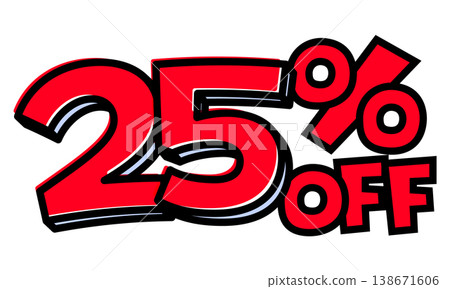 “25% OFF”文字元素。流行風格的促銷標誌,採用粗黑輪廓和紅色字體。易於使用的透明背景素材。 “25% OFF”文字元素。流行風格的促銷標誌,採用粗黑輪廓和紅色字體。易於使用的透明背景素材。 138671606