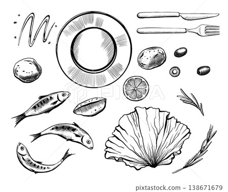 Mediterranean diet set in minimalist vector line art. Sardines, vegetables, herbs, and cutlery for healthy food menu design, longevity nutrition infographic and organic seafood branding 138671679