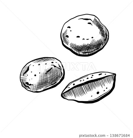 Potato set in minimalist black and white vector line art. Whole tubers and wedge slice for artisanal food packaging, rustic farm market branding, home cooking menu and organic vegetable graphics 138671684
