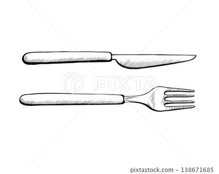 Cutlery set with knife and fork in minimalist black and white vector line art. Professional kitchen utensils for culinary school branding, catering service menu and dining etiquette graphics 138671685