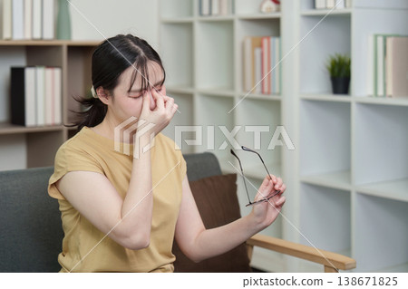 Woman rubbing her eyes due to fatigue or strain Woman rubbing her eyes due to fatigue or strain 138671825