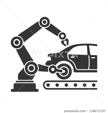 機械手臂組裝汽車的輪廓圖標 機械手臂組裝汽車的輪廓圖標 138672197