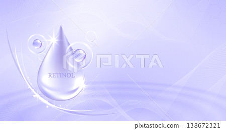 Retinol serum drop on abstract purple background with glowing wavy lines and bubbles. Cosmetic skincare anti aging hydration treatment concept for beauty product presentation vector illustration. 138672321