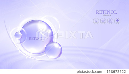 Retinol serum drop on abstract purple background with glowing wavy lines and bubbles. Cosmetic skincare anti aging hydration treatment concept for beauty product presentation vector illustration. Retinol serum drop on abstract purple background with glowing wavy lines and bubbles. Cosmetic skincare anti aging hydration treatment concept for beauty product presentation vector illustration. 138672322