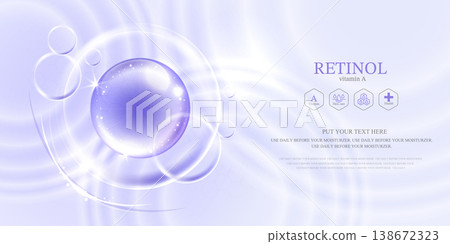 Retinol serum drop on abstract purple background with glowing wavy lines and bubbles. Cosmetic skincare anti aging hydration treatment concept for beauty product presentation vector illustration. 138672323
