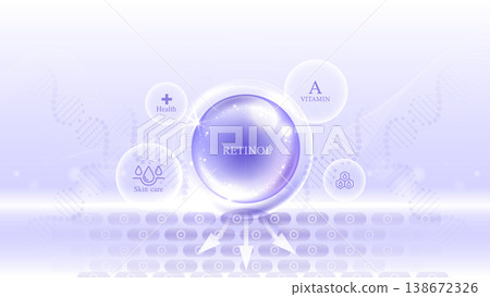Premium Retinol vitamin A skincare serum deep absorption into skin cells layer concept. Purple glowing bubble with DNA background for medical anti aging cosmetic treatment vector illustration. 138672326