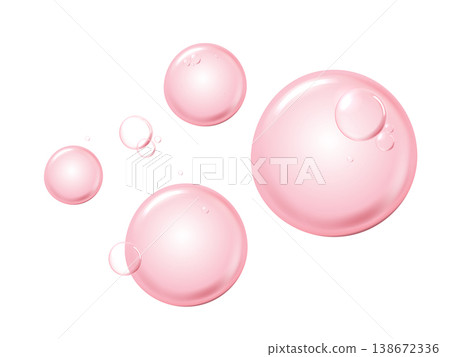 Pink transparent water drops or cosmetic serum bubbles isolated on white background. Abstract liquid graphic for skincare, collagen hydration, anti-aging beauty product design and medical concept. Pink transparent water drops or cosmetic serum bubbles isolated on white background. Abstract liquid graphic for skincare, collagen hydration, anti-aging beauty product design and medical concept. 138672336