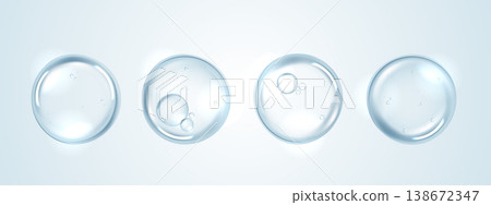 Blue hyaluronic acid serum moisture water drops. Cosmetic bubbles isolated for skincare, anti-aging beauty product design. Abstract liquid cell graphic for medical and scientific hydration banner. 138672347