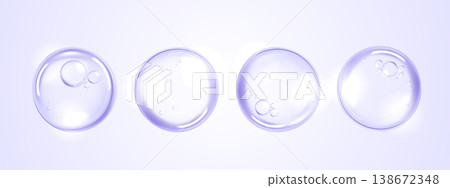 Clear purple water drops and cosmetic serum bubbles isolated on light background. Realistic liquid graphic for skincare hydration, hyaluronic acid anti-aging beauty product and medical design banner. Clear purple water drops and cosmetic serum bubbles isolated on light background. Realistic liquid graphic for skincare hydration, hyaluronic acid anti-aging beauty product and medical design banner. 138672348