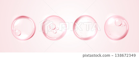 Pink collagen serum water drops. Cosmetic moisture bubbles isolated for skincare, anti-aging beauty product design. Abstract liquid cell graphic for medical and scientific hydration concept banner. 138672349