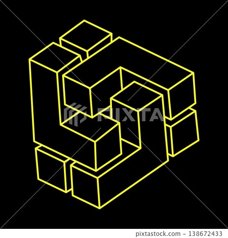 Escher style. Impossible cube. Line design. Impossible shapes. Optical illusion objects. Optical art. Geometry. Escher style. Impossible cube. Line design. Impossible shapes. Optical illusion objects. Optical art. Geometry. 138672433