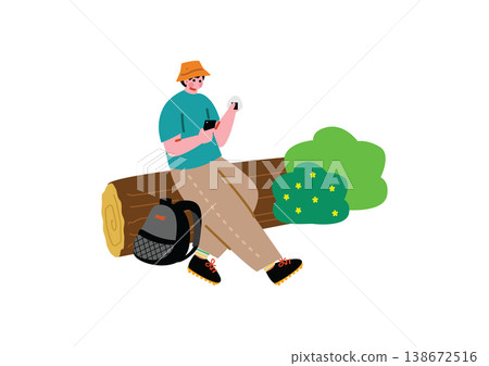 An illustration of a boy taking a break while mountain climbing. An illustration of a boy taking a break while mountain climbing. 138672516