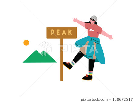 An illustration of a woman taking a commemorative photo on a mountaintop. An illustration of a woman taking a commemorative photo on a mountaintop. 138672517
