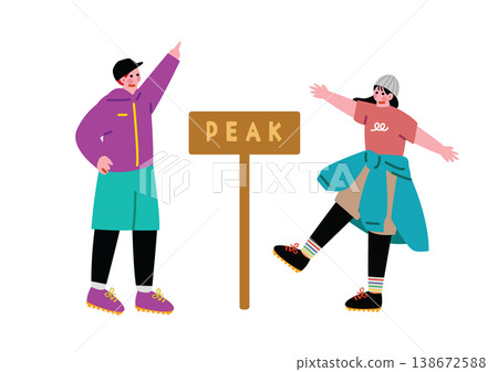 An illustration of a man and woman taking a commemorative photo at the mountaintop. An illustration of a man and woman taking a commemorative photo at the mountaintop. 138672588