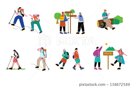 A set of illustrations of people enjoying mountain climbing. A set of illustrations of people enjoying mountain climbing. 138672589