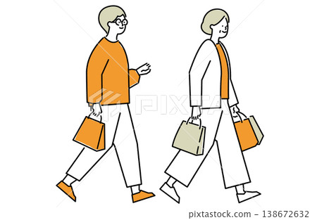 Mother-in-law and daughter-in-law walk happily, each carrying a paper bag. Mother-in-law and daughter-in-law walk happily, each carrying a paper bag. 138672632