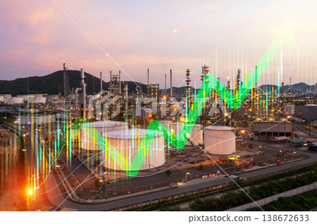 Industrial oil refinery plant at sunset with double exposure of stock market growth and falling charts, energy crisis and economic concept. Industrial oil refinery plant at sunset with double exposure of stock market growth and falling charts, energy crisis and economic concept. 138672633