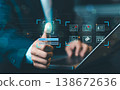 Businessman using fingerprint scanning for biometric login on virtual screen, cyber security and digital identity authentication technology. 138672636