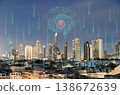 Smart city skyline at night with digital global network, brain AI and circuit board overlay. Concept of futuristic urban technology and internet of things (IoT). 138672639