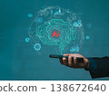 Businessman hand holding smartphone with virtual digital brain AI icon and world map background. Futuristic mobile technology and machine learning concept. 138672640