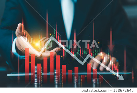 Close up of businessman hand with falling stock market chart, red bars and downward arrows. Financial crisis, economic recession, and investment loss concept. Close up of businessman hand with falling stock market chart, red bars and downward arrows. Financial crisis, economic recession, and investment loss concept. 138672643