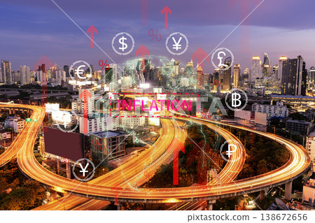 High angle view of city skyline at twilight with digital overlay of inflation text, rising arrows and global currency symbols, economic crisis concept. 138672656