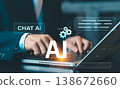 Close up of businessman hands typing on laptop with Chat AI and digital assistant icons, artificial intelligence technology for business communication. 138672660