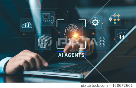 Businessman using laptop with AI Agents and brain processing icons, futuristic automation and machine learning technology for business efficiency. Businessman using laptop with AI Agents and brain processing icons, futuristic automation and machine learning technology for business efficiency. 138672661