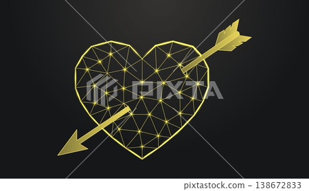 Low poly wireframe gold heart pierced by an arrow on dark background. 138672833