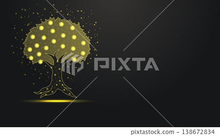 Low poly wireframe golden money tree with coins on dark background. Low poly wireframe golden money tree with coins on dark background. 138672834