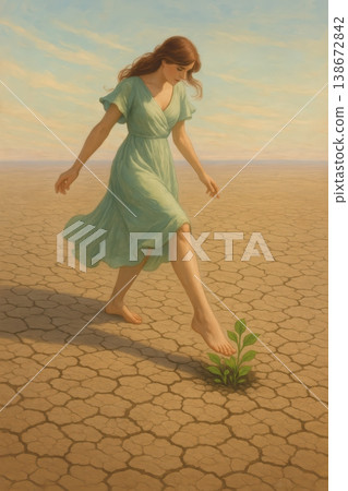 Woman in green dress walking through a dry desert toward life Woman in green dress walking through a dry desert toward life 138672842
