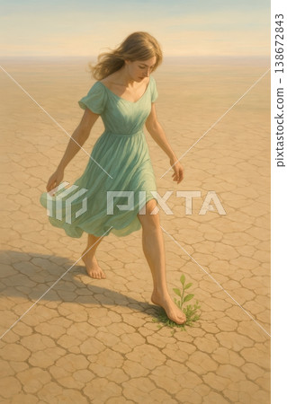 Resilient woman in a summer dress stepping on a green desert plant Resilient woman in a summer dress stepping on a green desert plant 138672843