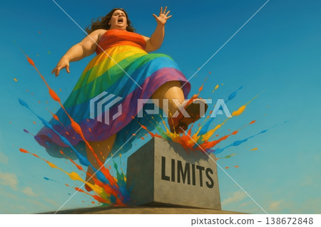 Joyful woman in rainbow dress stomping on a block labeled limits Joyful woman in rainbow dress stomping on a block labeled limits 138672848