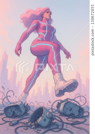 Superhero Woman in Pink Suit Stomping Through a Futuristic City Landscape Superhero Woman in Pink Suit Stomping Through a Futuristic City Landscape 138672855