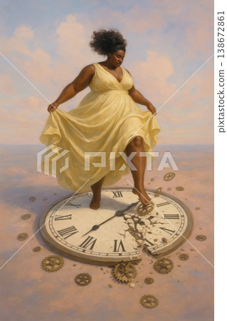 Majestic Woman in Yellow Dress Shattering Time in the Morning Sky Majestic Woman in Yellow Dress Shattering Time in the Morning Sky 138672861