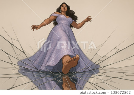 Woman in Sparkling Purple Gown Shattering a Mirror Surface Underfoot Woman in Sparkling Purple Gown Shattering a Mirror Surface Underfoot 138672862