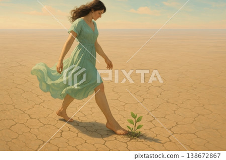 Hopeful Woman in Green Dress Stepping Carefully Over a Small Desert Plant 138672867