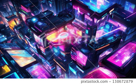 Aerial view of a dense cyberpunk city with glowing neon architecture Aerial view of a dense cyberpunk city with glowing neon architecture 138672879