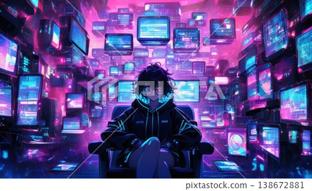 Person in a dark hoodie sitting amidst a wall of glowing screens Person in a dark hoodie sitting amidst a wall of glowing screens 138672881