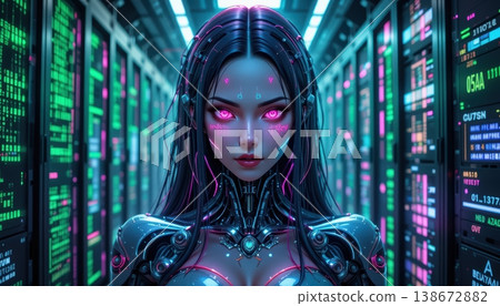 Cyborg woman with glowing pink eyes standing in a futuristic data center Cyborg woman with glowing pink eyes standing in a futuristic data center 138672882