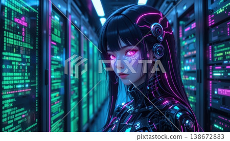 Cybernetic anime woman with glowing purple eyes inside a server room Cybernetic anime woman with glowing purple eyes inside a server room 138672883
