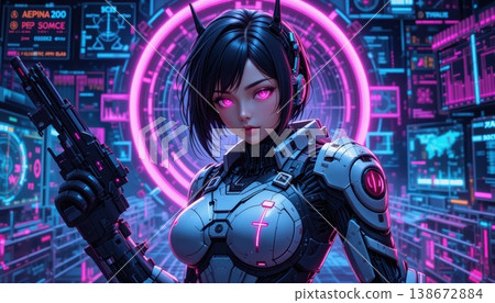 Female futuristic soldier holding a rifle in a neon command center 138672884