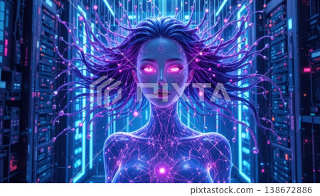 Digital goddess with glowing neural tentacles connected to a server network Digital goddess with glowing neural tentacles connected to a server network 138672886
