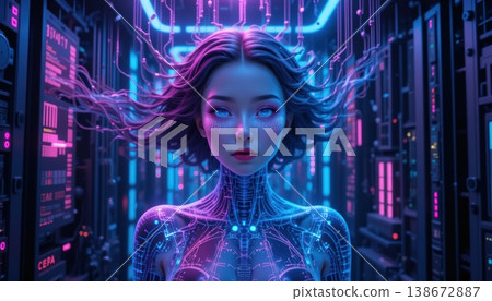 Humanoid AI being with glowing circuitry skin and floating purple hair 138672887