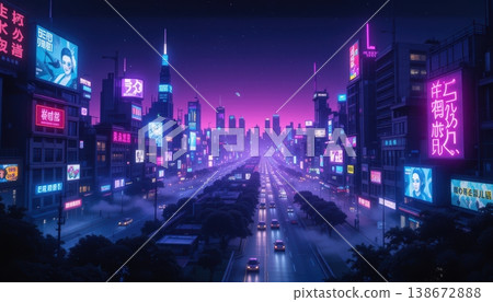Wide city boulevard at night with glowing neon signs and traffic Wide city boulevard at night with glowing neon signs and traffic 138672888