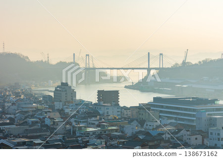 Winter in the Seto Inland Sea: Onomichi City, Hiroshima Prefecture - Onomichi Bridge and Shin-Onomichi Bridge in the morning. 138673162
