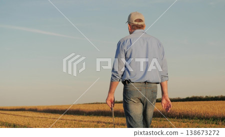 Farmer standing in golden wheat fields with a tablet, Agricultural innovation through technology, Monitoring crop health using a digital tablet, Digital solutions for wheat farming, Farmer integrates 138673272