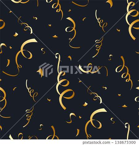 seamless pattern with foil confetti and tinsels on black background 138673300